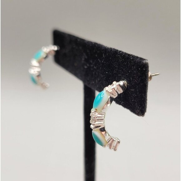 Turquoise Color Silver Tone Half Hoop Earrings With Stud Back - Picture 2 of 7